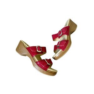 Dansko Sophie Red Leather Reptile Double Strap Wood Wedge Sandals 39 US 9